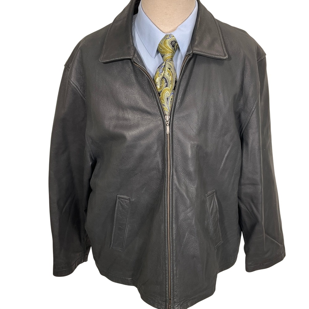 Brooks Sport Leather Jacket Mens‎ XLarge Black Moto Zip Wool Blend Lining